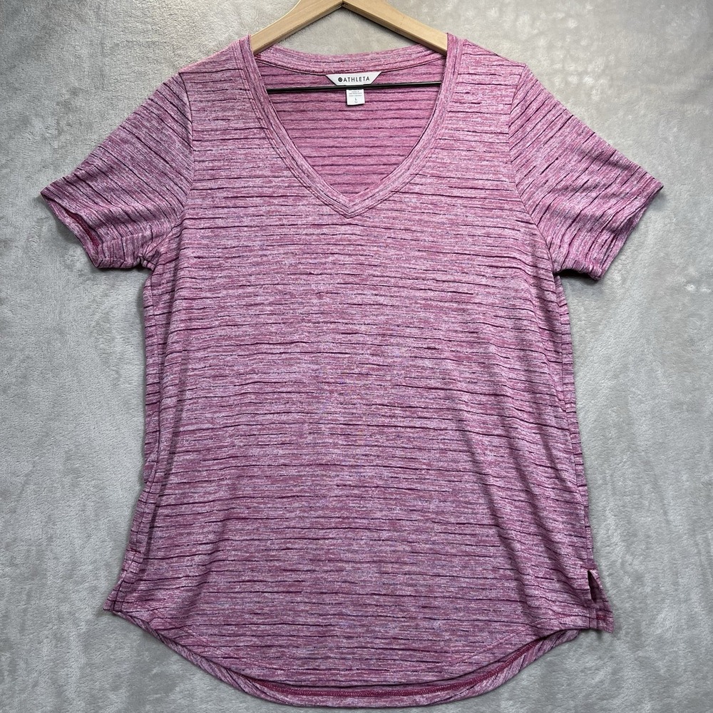 ATHLETA SHIRT L STRIPE BASHFUL SCOOP V-NECK SHORT SLEEVE BREEZY TEE
